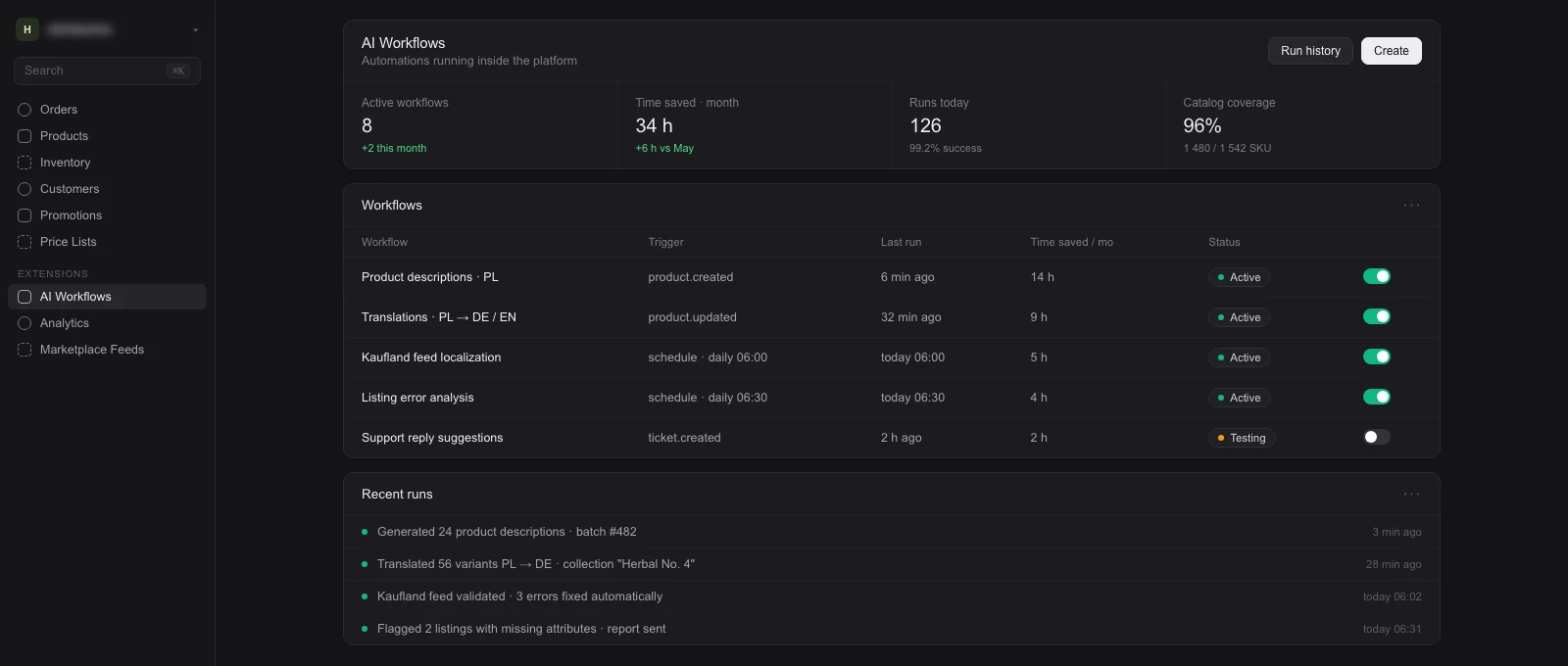 Medusa admin with Seedlight AI Workflows module